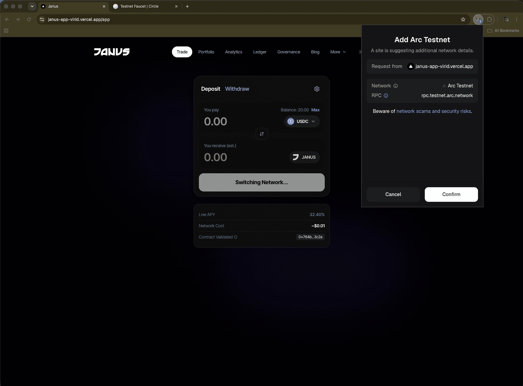 MetaMask Add Arc Testnet prompt