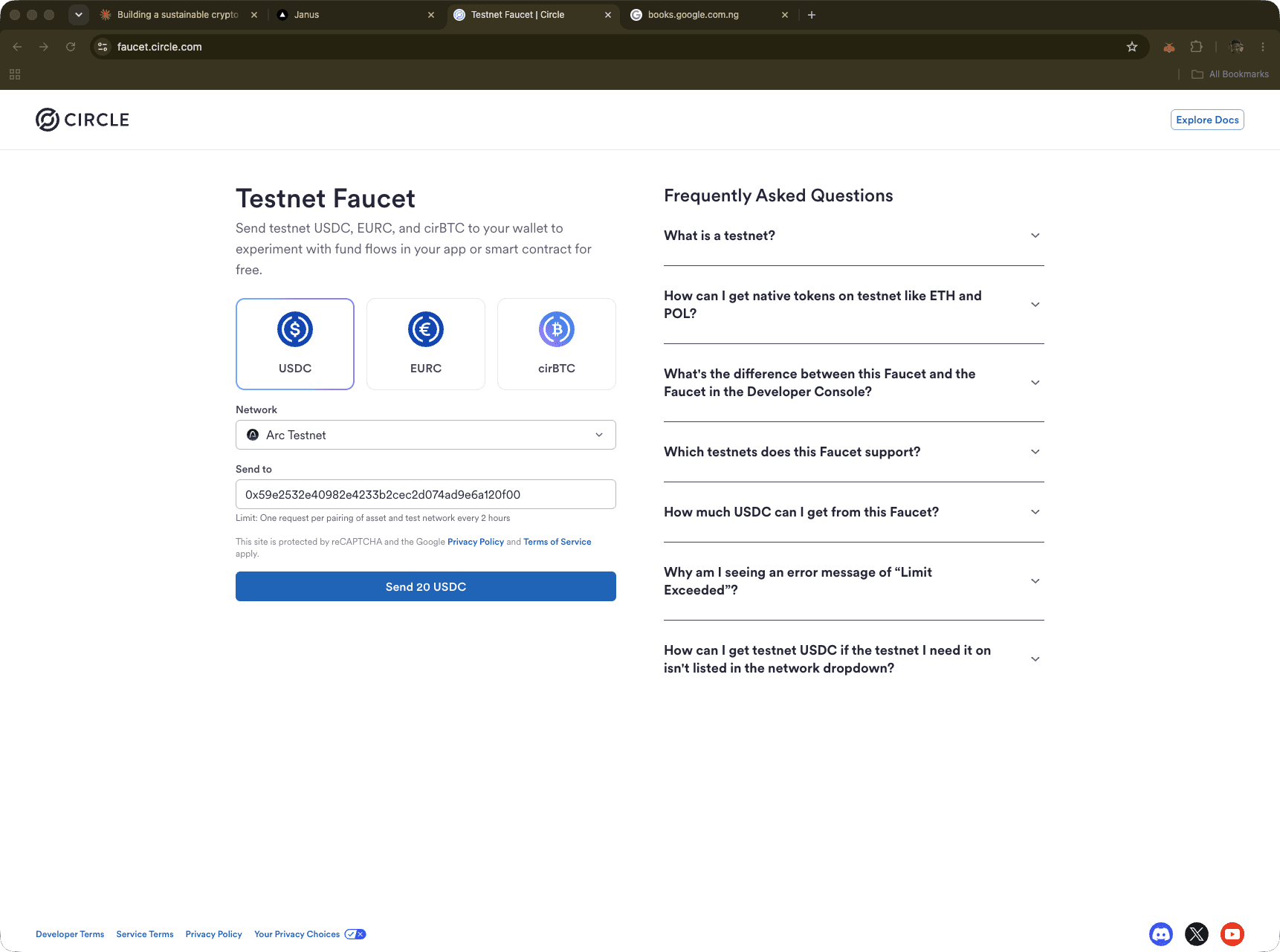 Circle Testnet Faucet showing USDC on Arc Testnet